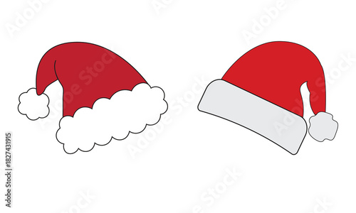 Two simple red and white santa hats with fluffy trim