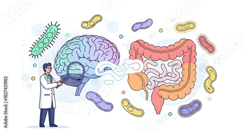 Gut Brain Connection Illustration with Microbiome and Medical Research Concept