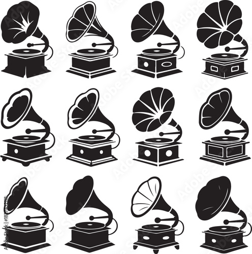 Collection of vintage gramophone silhouettes showcasing different design variations