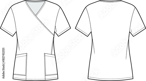 Cad drawing flat vector illustration of medical scrub top with crossover neckline, short sleeves, patch pockets, professional uniform design