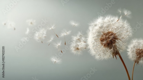 A cluster of dandelion seeds disperses into the air as the gentle breeze carries them away. The soft blurred background creates a calm and serene atmosphere.