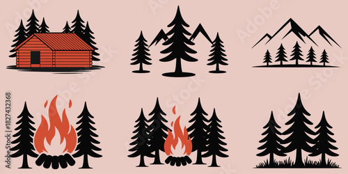 Forest cabin, warm campfire glowing against mountains, night sky, perfect for travel, camping, nature designs, outdoor adventure, and wilderness-themed creative projects.