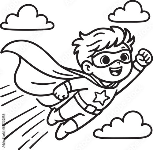 Joyful cartoon superhero boy flying through clouds