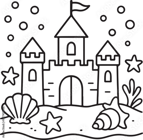 Simple outline drawing of a beach castle with seashells and stars