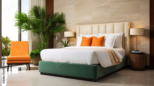 Ultra-smooth green panel backdrop, low-set orange leather bed, ambient skylight flooding in, and three-piece sculpted lobby set in dusty rose upholstery 
