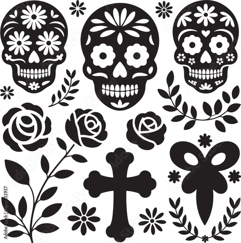 Day of the Dead Skulls and Floral Elements Black and White