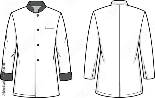 Chef coat long chest pocket CAD drawing, front and back view chef uniform outerwear flat vector illustration for apparel technical design