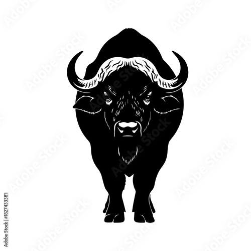 Front View Silhouette of a Majestic African Buffalo Powerful Animal Icon Design