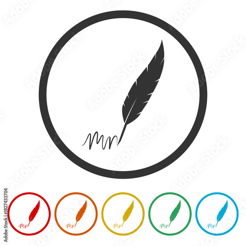 Feather quill pen icon. Set icons in color circle buttons