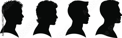 Black silhouette male head profiles, hairstyle vector icons collection, abstract haircut design set, stylish grooming illustration, cad drawing flat vector illustration