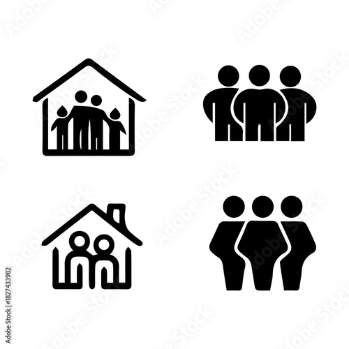 Set of four black and white icons representing family and group people
