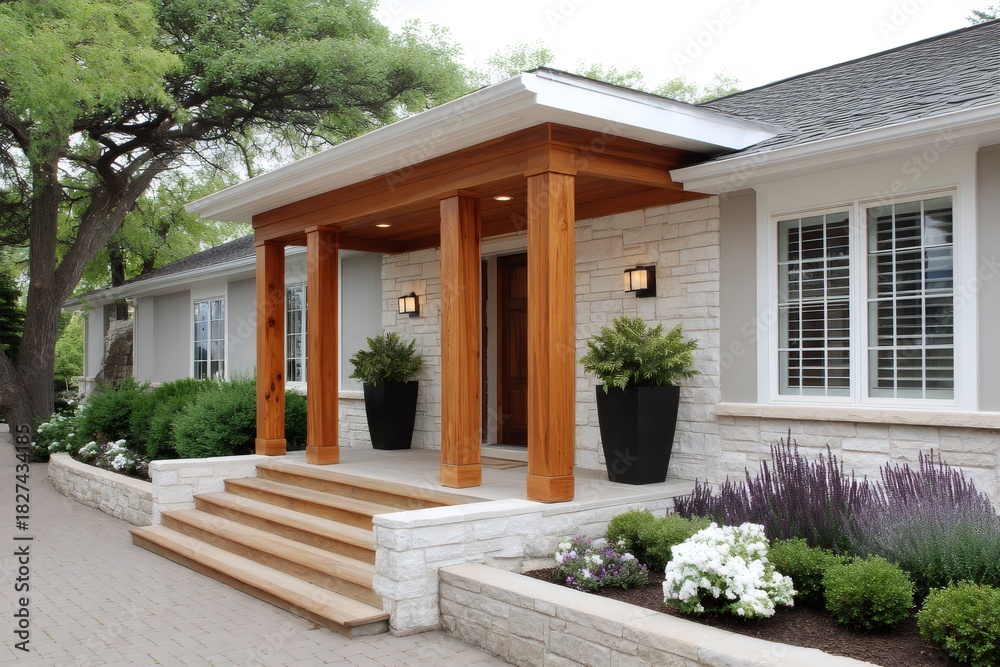 Fototapeta premium Modern house exterior with wood porch and stone facade