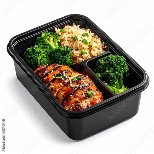 Black meal prep container with grilled chicken, brown rice, and broccoli