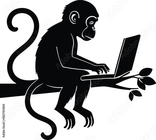 Black and white illustration of monkey using laptop on tree branch, humorous animal technology concept, digital jungle creativity, nature meets modern