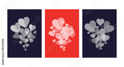 Abstract backgrounds with floating clouds of translucent hearts, presented as a set of three banners for a romantic celebration.