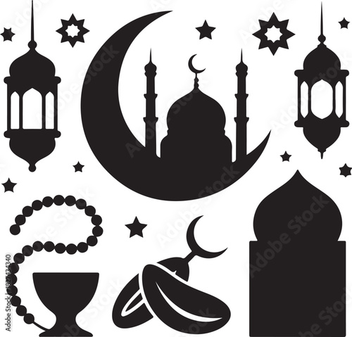 Elegant Black and White Islamic Illustration with Mosque Moon and Lanterns