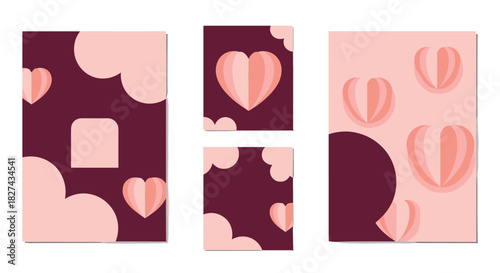 Collection of social media post and story templates with pink paper hearts and clouds on a deep maroon background.