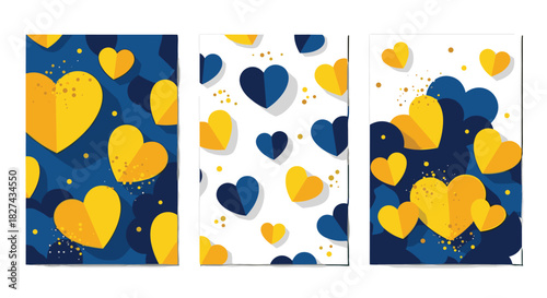 Set of patriotic posters with blue and yellow paper hearts, symbolizing support and love for Ukraine in a heartfelt design.