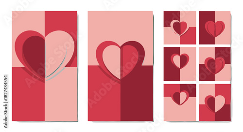 Collection of versatile card and post designs featuring split-color hearts on two-tone red and pink backgrounds.