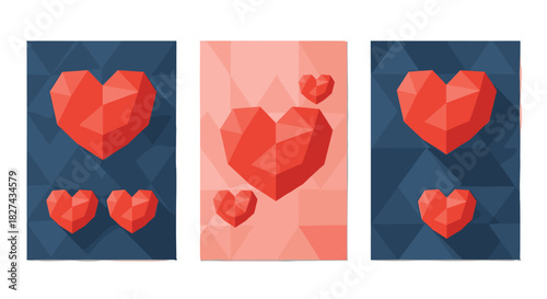 Set of three modern vertical banners featuring geometric low-poly red hearts on dark blue and pink patterned backgrounds.