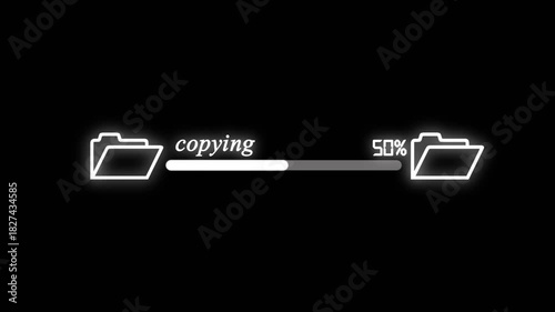 Document file downloading or transfer process icon animation. Fast file transfer, quick torrent of copying data from folder to folder with 0 to 100% complete on black background.