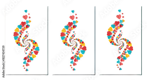 Collection of three artistic designs featuring a dynamic vortex of small, colorful paper hearts on a clean white background.