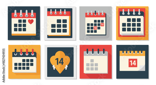 Set of eight flat design calendar icons highlighting February 14th, the date for Valentine's Day celebrations and romance.
