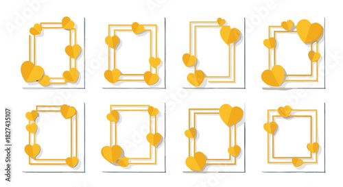 Set of eight elegant golden frames decorated with yellow paper hearts, perfect for wedding invitations and special events.