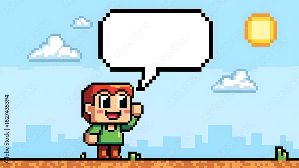 Obraz premium Pixel Art Illustration of a Young Character in Green Shirt Waving Hand Next to a Blank Speech Bubble.