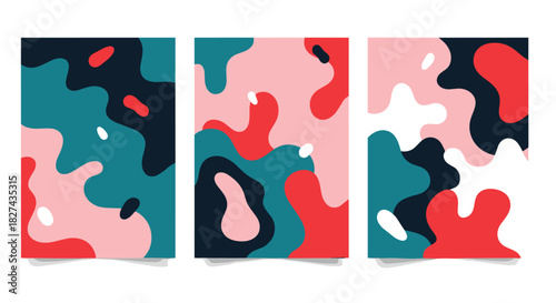 Set of three abstract vertical backgrounds with organic, fluid shapes and a modern color palette of teal, red, and pink.