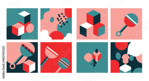 A collection of eight modern graphic compositions featuring baby toys like rattles and blocks in a stylish, abstract design.
