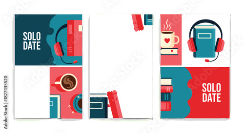 Set of templates promoting a 'solo date' concept, featuring books, headphones, and coffee for a theme of self-care.