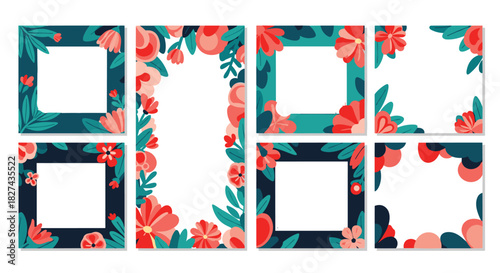 A beautiful collection of social media templates and frames decorated with hand-drawn style flowers and leaves.