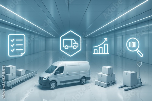 Delivery van in a modern logistics hub with icons representing inventory management, efficiency, and supply chain analytics. Concept of streamlined shipping and organized transportation.