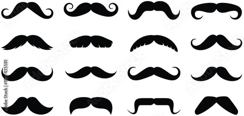 Mustache icon set, includes handlebar, walrus, pencil, and curly designs, suitable for retro graphics, barbershop logos, grooming icons, and stylish decorative illustrations.