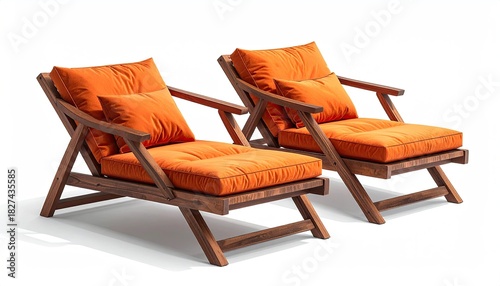 Two orange-cushioned wooden chaise lounges