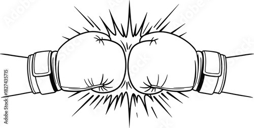 Boxing gloves collision, cartoon impact burst, sports conflict illustration, competition symbol vector, dramatic punch moment, athletic confrontation design