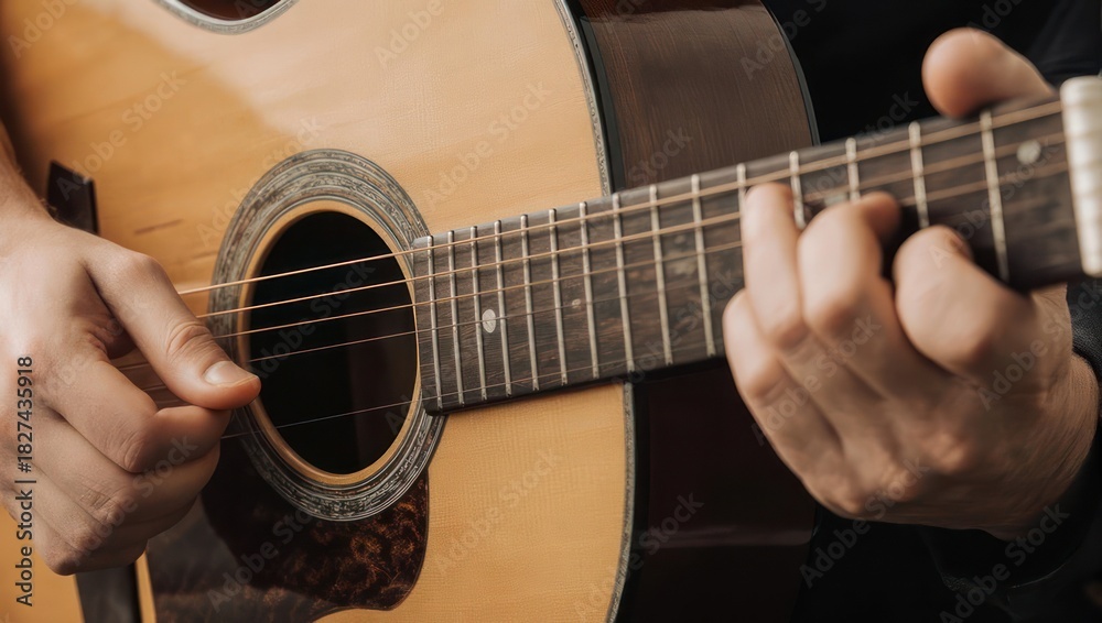 Fototapeta premium Close up of a person playing an acoustic guitar with their fingers on the frets.