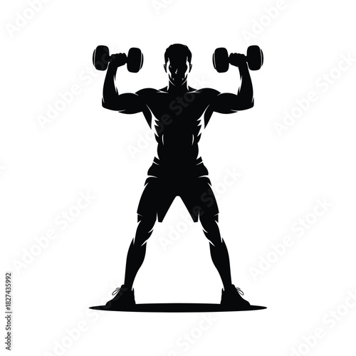 Silhouette of a muscular man lifting dumbbells