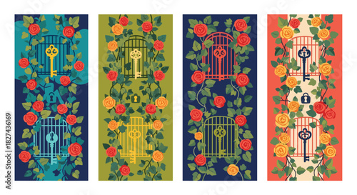 A set of four enchanting vertical banners with a secret garden theme, featuring keys, cages, and climbing roses.