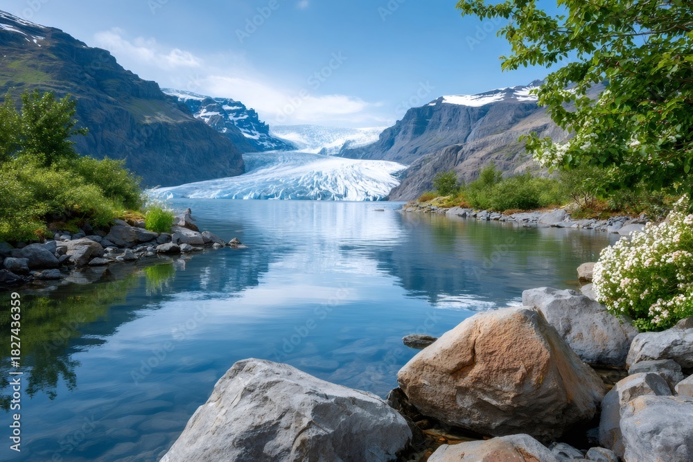 Fototapeta premium Svinafellsjokull glacier reflecting in tranquil glacial lake