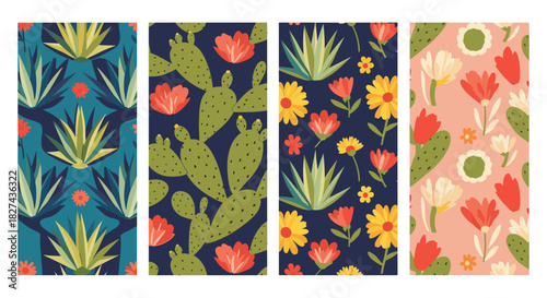 Collection of four seamless patterns with a Mexican floral theme, featuring cacti, succulents, and vibrant desert flowers.