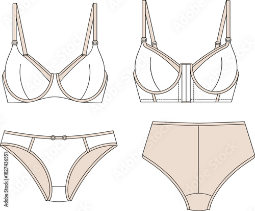 cad drawing flat vector illustration, lingerie set sketch, bra and panty design, fashion template, garment construction, apparel illustration