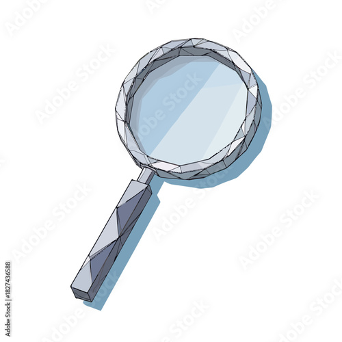 Low poly magnifying glass with geometric facets and shadow in flat minimalist vector style isolated on white background illustration for research analysis concept