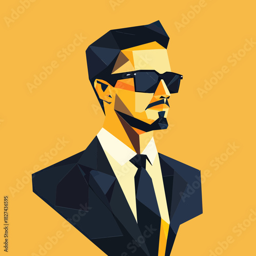 Low poly geometric vector illustration of confident businessman with sunglasses wearing black suit and tie on yellow background for modern design