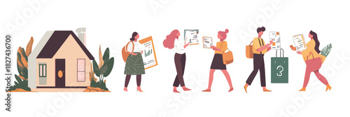 Flat minimalist vector illustration of people paying bills with house and financial documents representing personal finance, mortgage, and invoice management