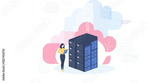 Woman standing next to data server rack cloud computing storage network technology digital data center flat design illustration concept