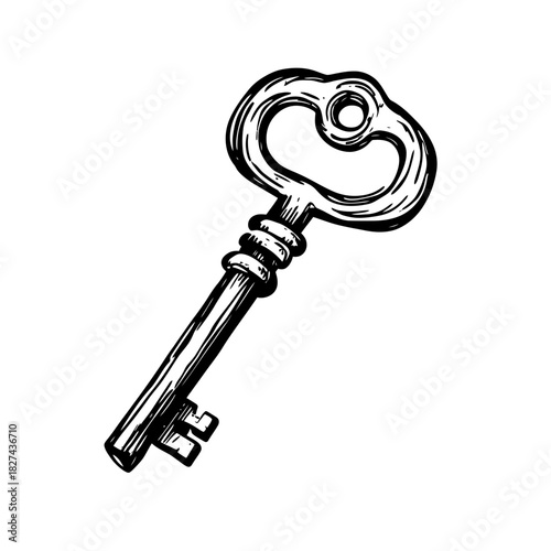 Hand drawn vintage skeleton key sketch isolated on white background detailed antique old style lock key illustration for security concept design
