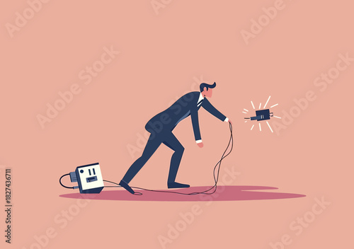 Clumsy businessman tripping over electric power plug connected to outlet with shocked expression flat vector concept for accident error failure and problem affecting work or business