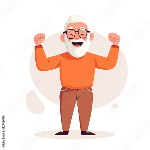Happy elderly man celebrating success with raised fists wearing glasses orange sweater and brown pants cheerful senior male vector illustration minimalistic flat style